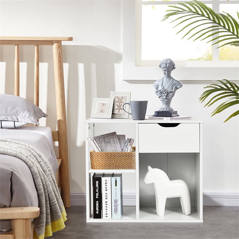 Costway Contemporary Particle Board Side Table with 3 Compartments in White