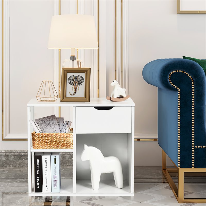 Costway Contemporary Particle Board Side Table with 3 Compartments in White