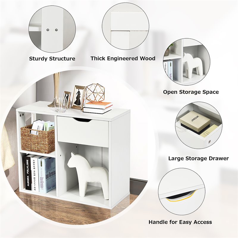 Costway Contemporary Particle Board Side Table with 3 Compartments in White