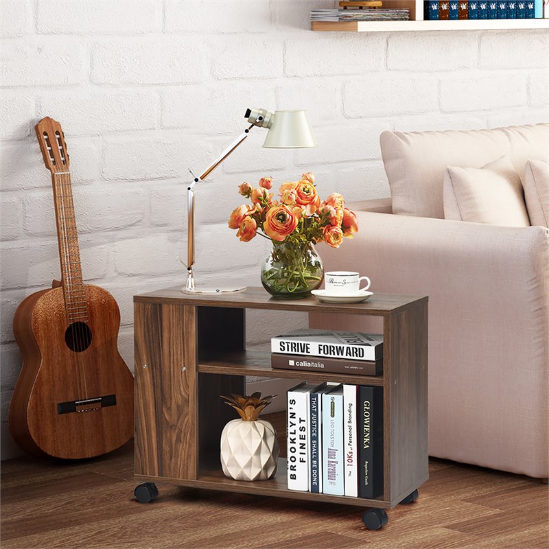 Costway 3-tier Contemporary Particle Board Side Table with 2 Wheels in Brown