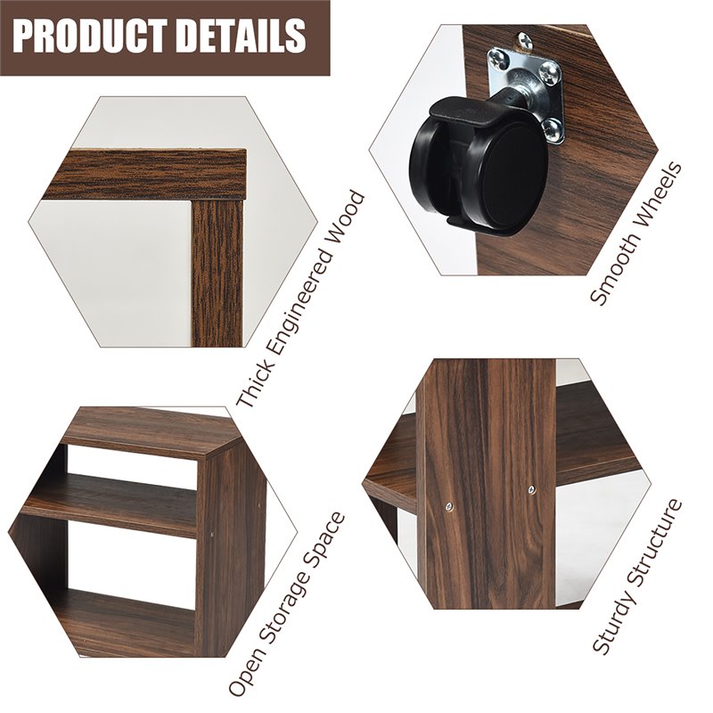 Costway 3-tier Contemporary Particle Board Side Table with 2 Wheels in Brown