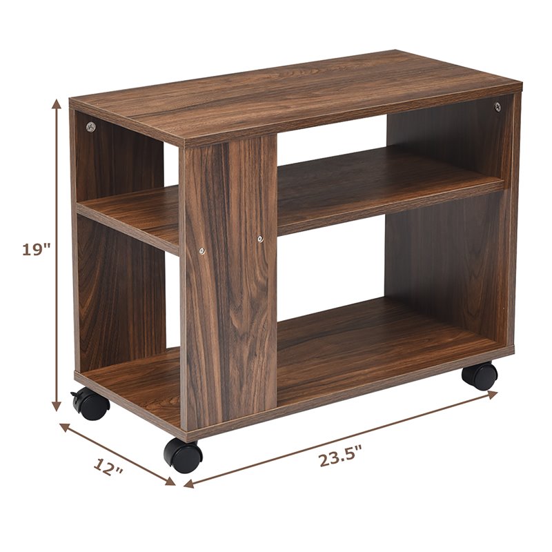 Costway 3-tier Contemporary Particle Board Side Table with 2 Wheels in Brown