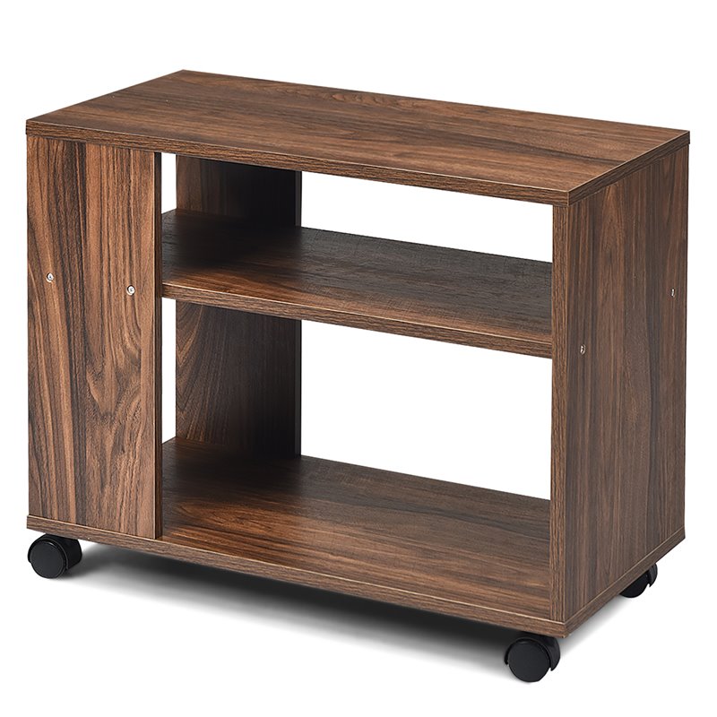 Costway 3-tier Contemporary Particle Board Side Table with 2 Wheels in Brown