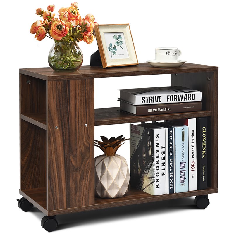Costway 3-tier Contemporary Particle Board Side Table with 2 Wheels in Brown