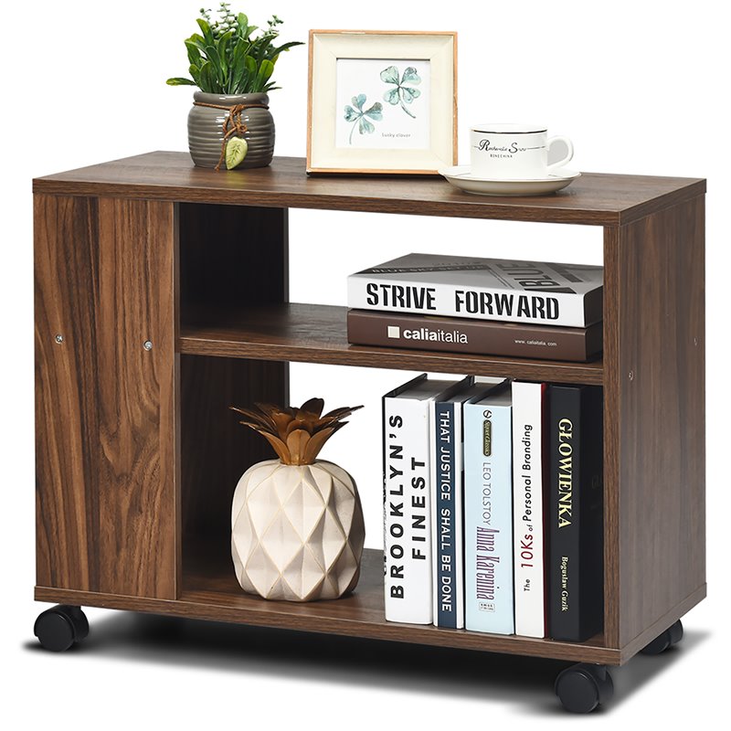 Costway 3-tier Contemporary Particle Board Side Table with 2 Wheels in Brown