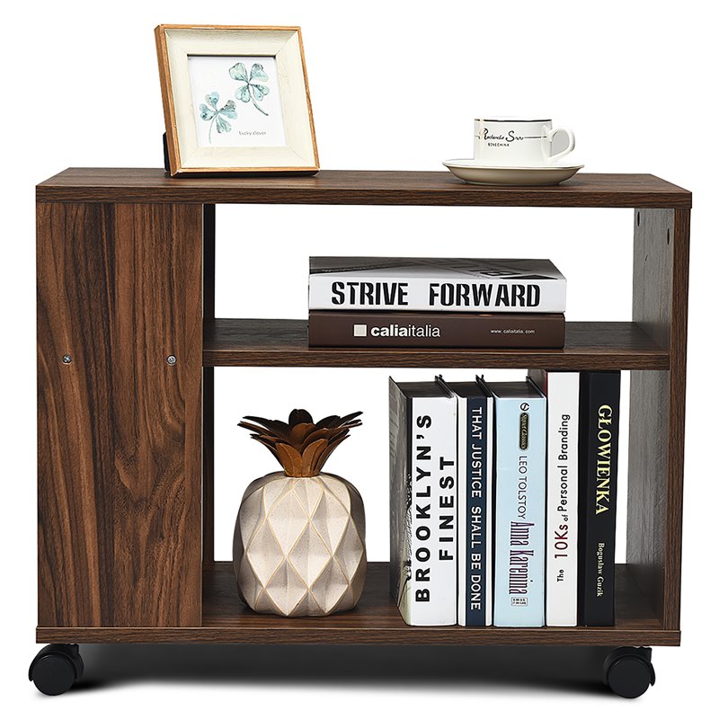 Costway 3-tier Contemporary Particle Board Side Table with 2 Wheels in Brown
