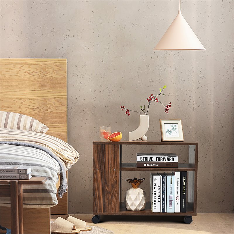 Costway 3-tier Contemporary Particle Board Side Table with 2 Wheels in Brown