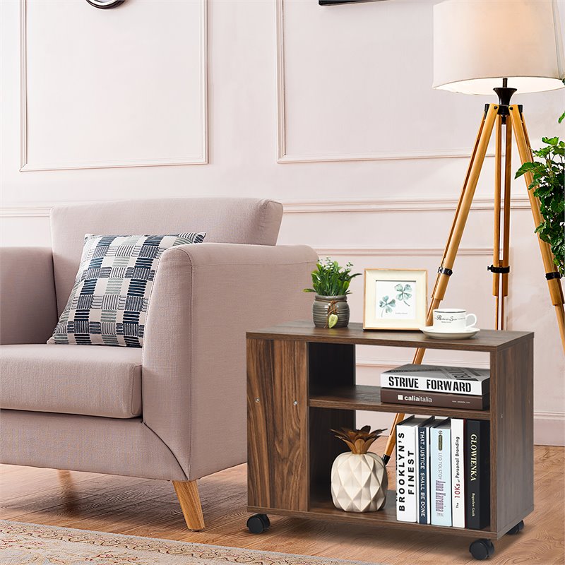 Costway 3-tier Contemporary Particle Board Side Table with 2 Wheels in Brown