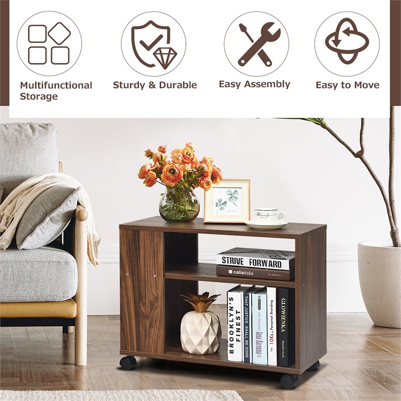 Costway 3-tier Contemporary Particle Board Side Table with 2 Wheels in Brown
