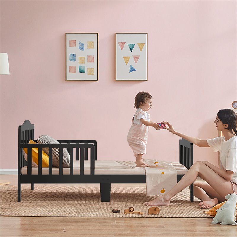 Costway Solid Rubber and Poplar Wood Toddler Bed with Guardrails in Black