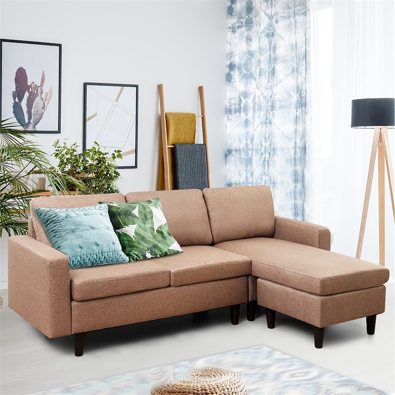 Costway Convertible Sofa Linen L-Shaped Couch with Reversible Chaise in Coffee