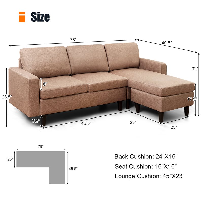Costway Convertible Sofa Linen L-Shaped Couch with Reversible Chaise in Coffee