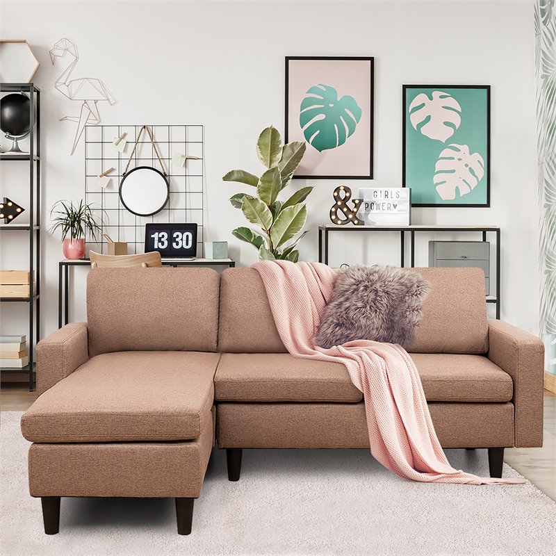 Costway Convertible Sofa Linen L-Shaped Couch with Reversible Chaise in Coffee
