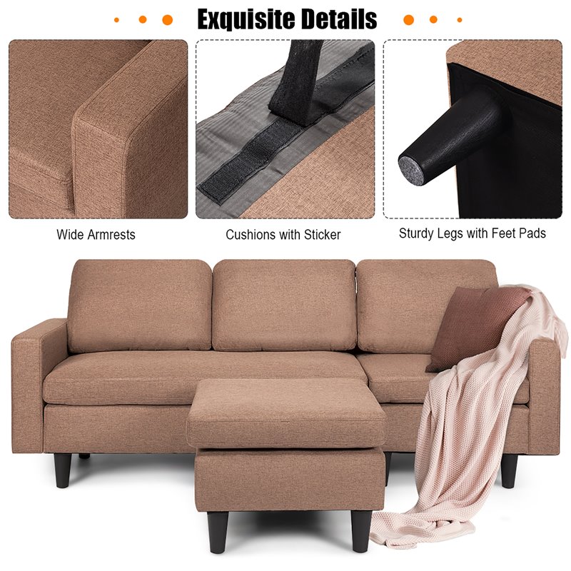 Costway Convertible Sofa Linen L-Shaped Couch with Reversible Chaise in Coffee
