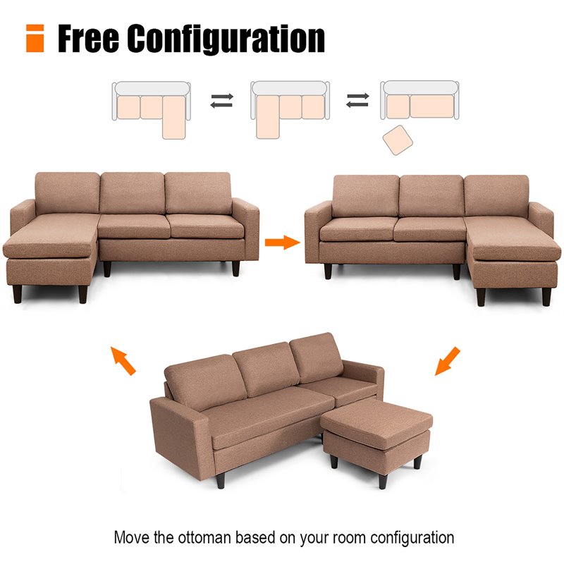 Costway Convertible Sofa Linen L-Shaped Couch with Reversible Chaise in Coffee