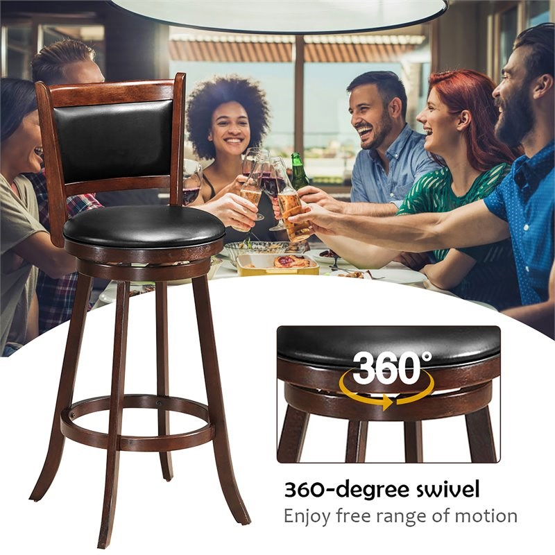 Costway 29'' Rubber Wood and PVC Swivel Bar Height Stool in Espresso