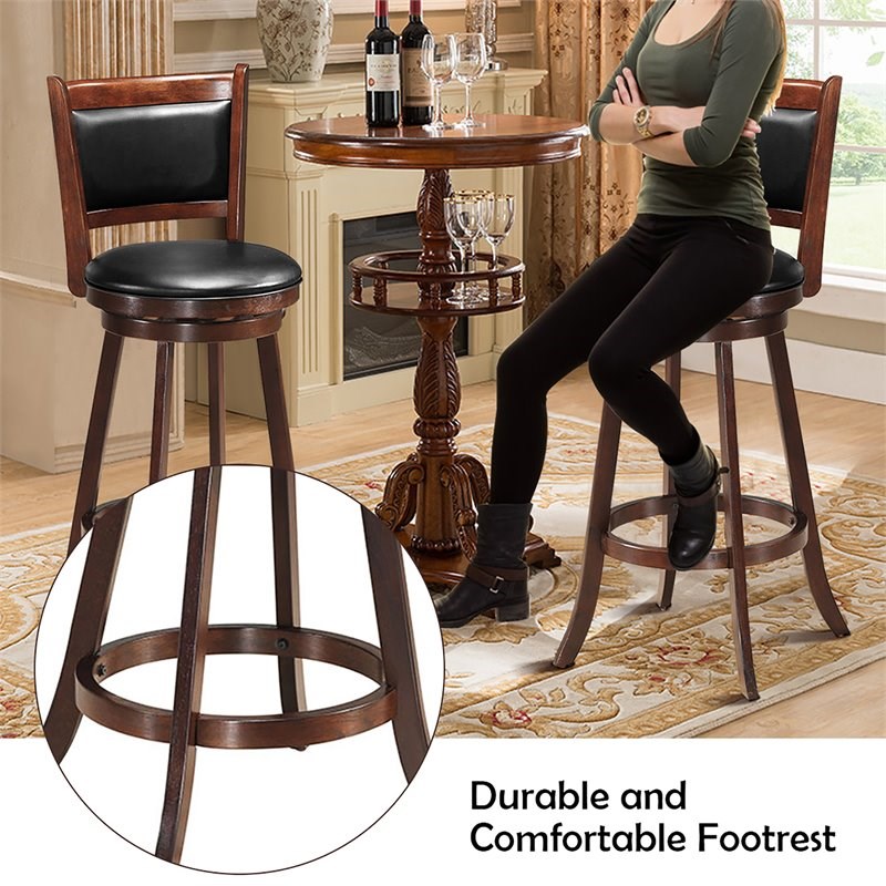 Costway 29'' Rubber Wood and PVC Swivel Bar Height Stool in Espresso