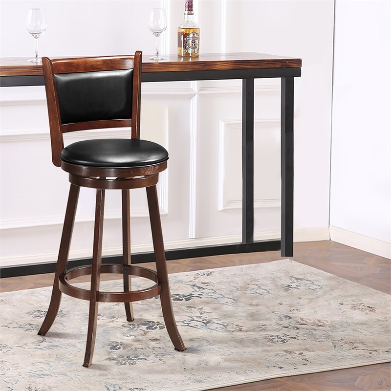 Costway 29'' Rubber Wood and PVC Swivel Bar Height Stool in Espresso
