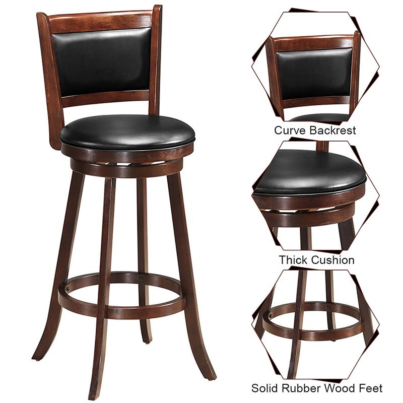 Costway 29'' Rubber Wood and PVC Swivel Bar Height Stool in Espresso