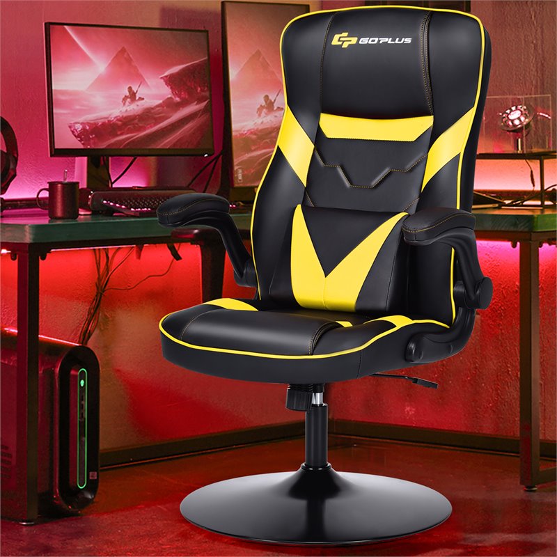 Costway PVC and Sponge Adjustable Height Swivel Rocking Gaming Chair in Yellow