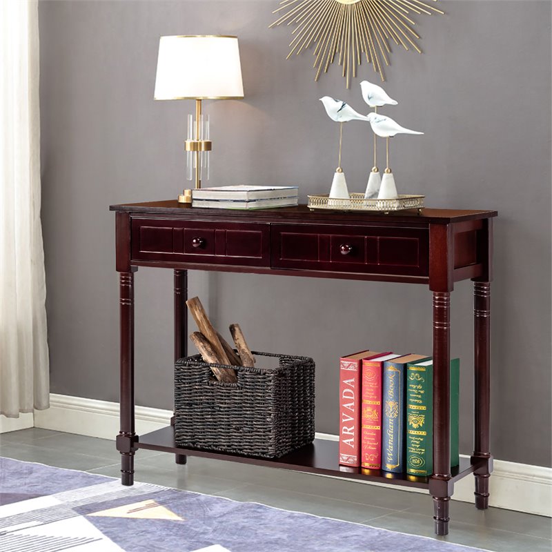 Costway Entryway Hall Accent Console Table with Drawers Bottom Shelf in Espresso