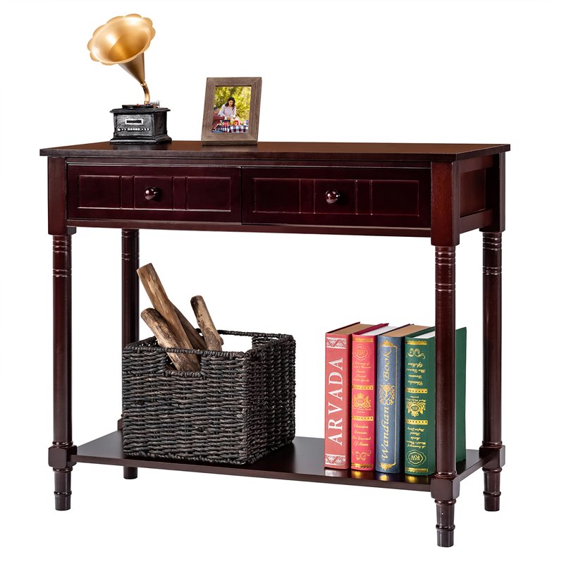 Costway Entryway Hall Accent Console Table with Drawers Bottom Shelf in Espresso