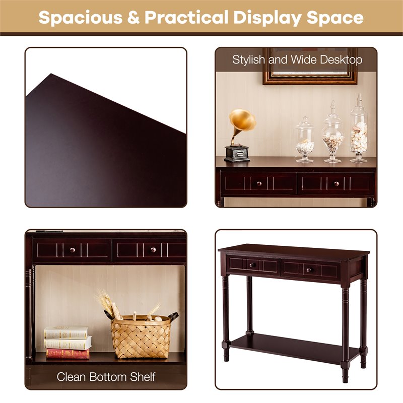 Costway Entryway Hall Accent Console Table with Drawers Bottom Shelf in Espresso