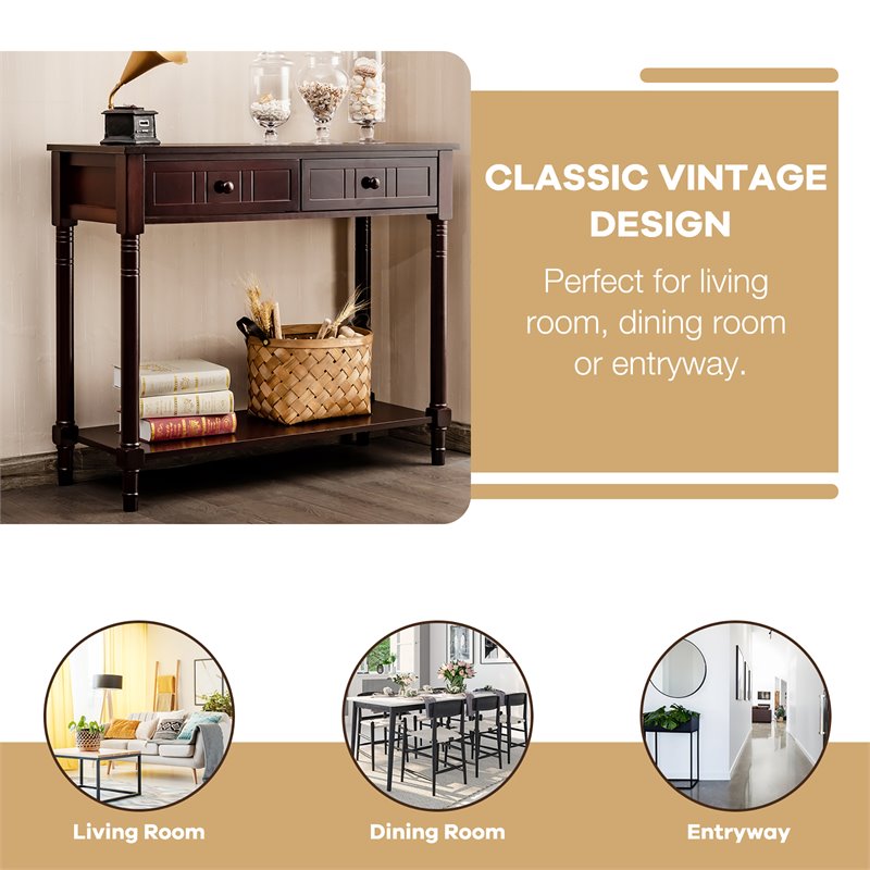 Costway Entryway Hall Accent Console Table with Drawers Bottom Shelf in Espresso