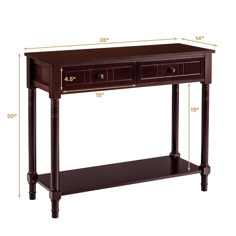Costway Entryway Hall Accent Console Table with Drawers Bottom Shelf in Espresso