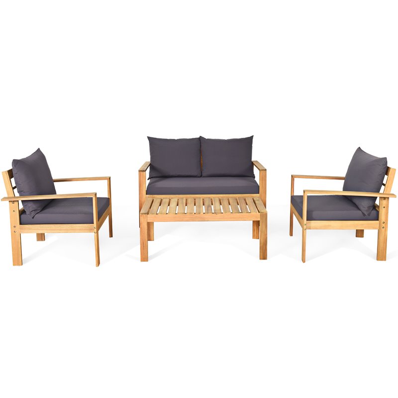 Costway 4-piece Thick Cushion Acacia Wood Patio Garden Furniture Set in Natural