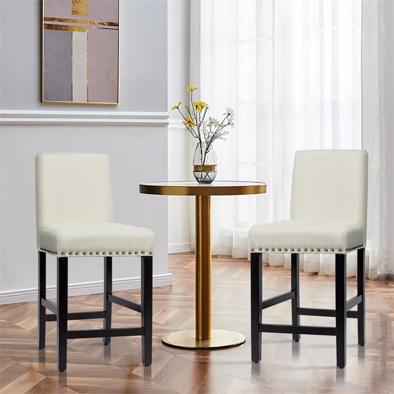 Costway 25'' Wood and Fabric Kitchen Breakfast Bar Stools in Beige (Set of 2)