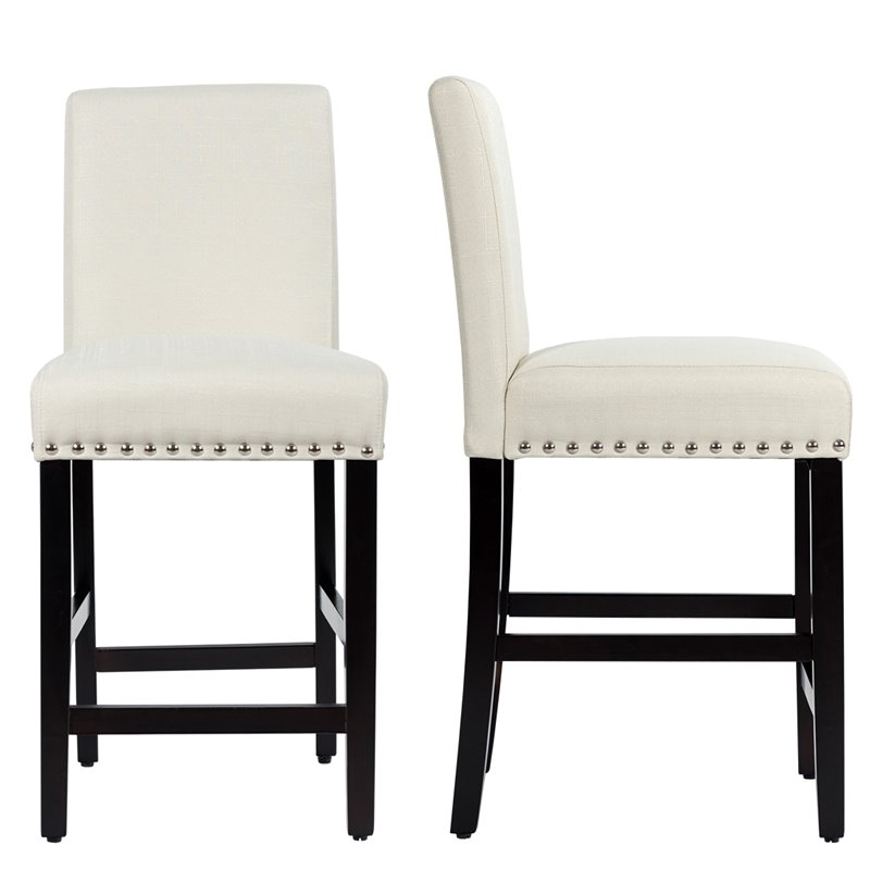 Costway 25'' Wood and Fabric Kitchen Breakfast Bar Stools in Beige (Set of 2)