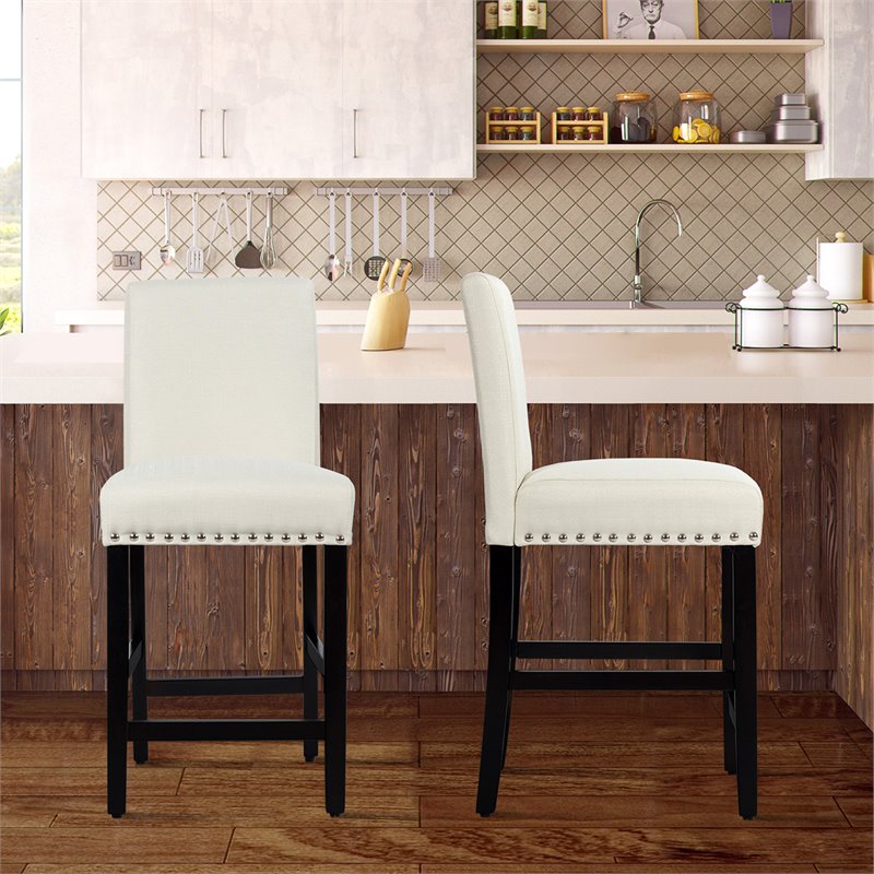 Costway 25'' Wood and Fabric Kitchen Breakfast Bar Stools in Beige (Set of 2)