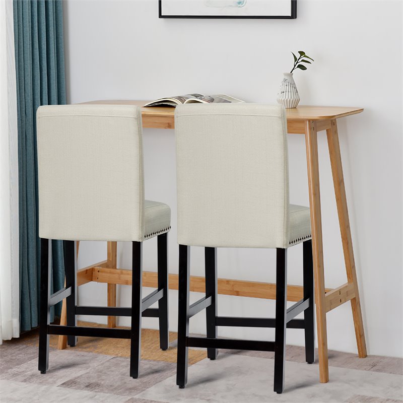 Costway 25'' Wood and Fabric Kitchen Breakfast Bar Stools in Beige (Set of 2)