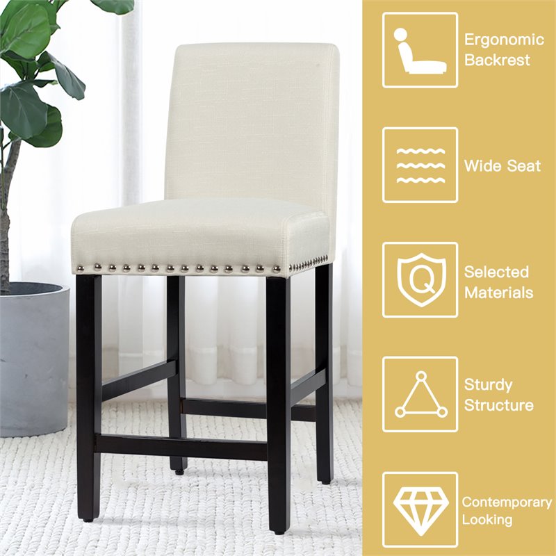 Costway 25'' Wood and Fabric Kitchen Breakfast Bar Stools in Beige (Set of 2)