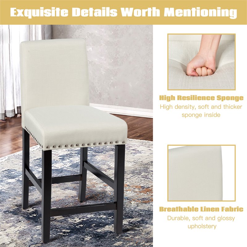 Costway 25'' Wood and Fabric Kitchen Breakfast Bar Stools in Beige (Set of 2)