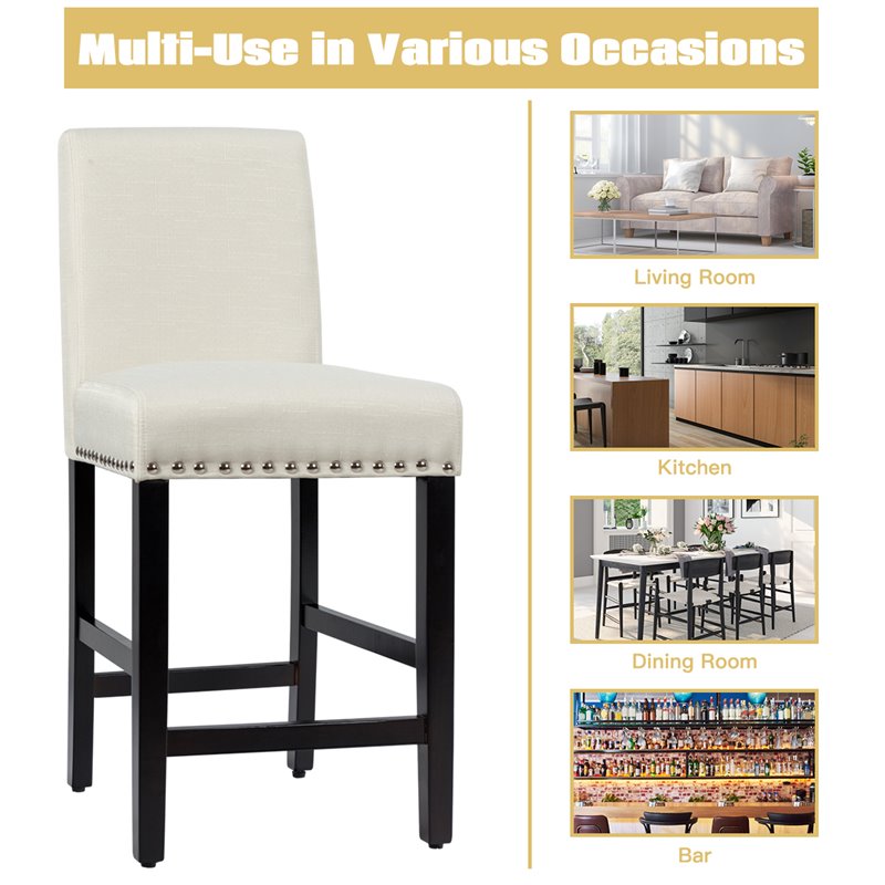 Costway 25'' Wood and Fabric Kitchen Breakfast Bar Stools in Beige (Set of 2)