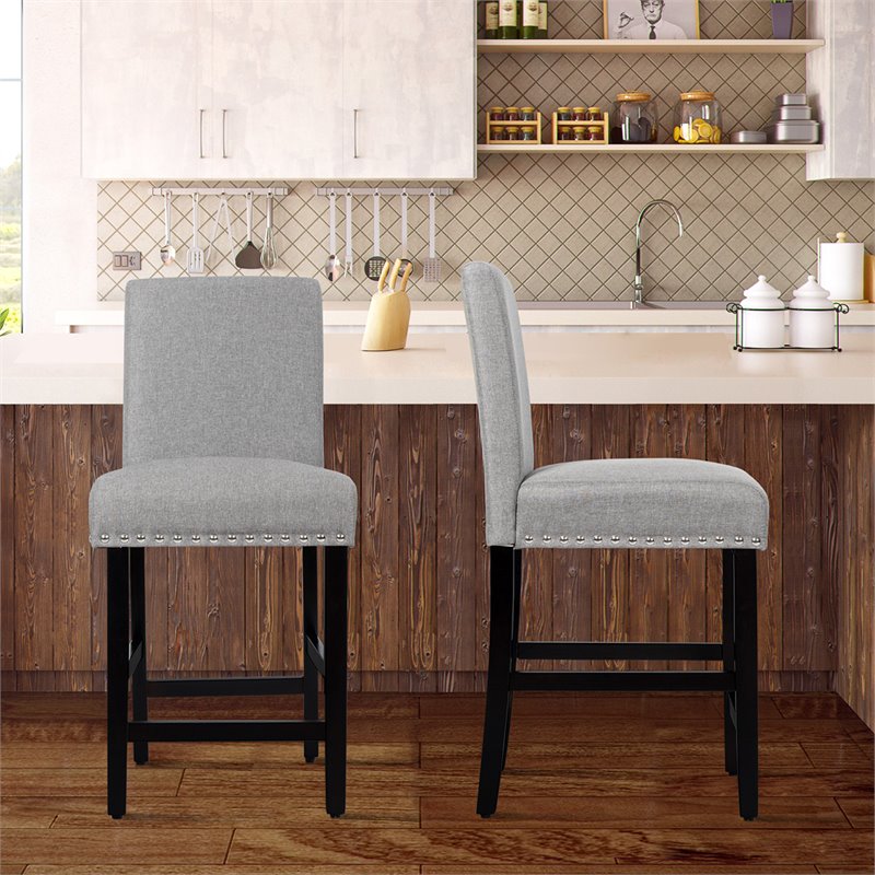 Costway 25'' Wood and Fabric Kitchen Breakfast Bar Stools in Gray (Set of 2)