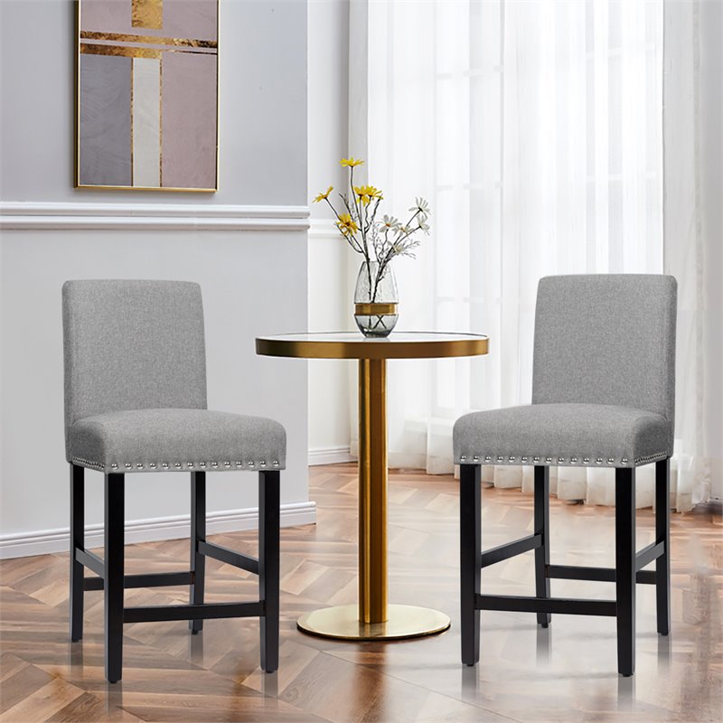 Costway 25'' Wood and Fabric Kitchen Breakfast Bar Stools in Gray (Set of 2)