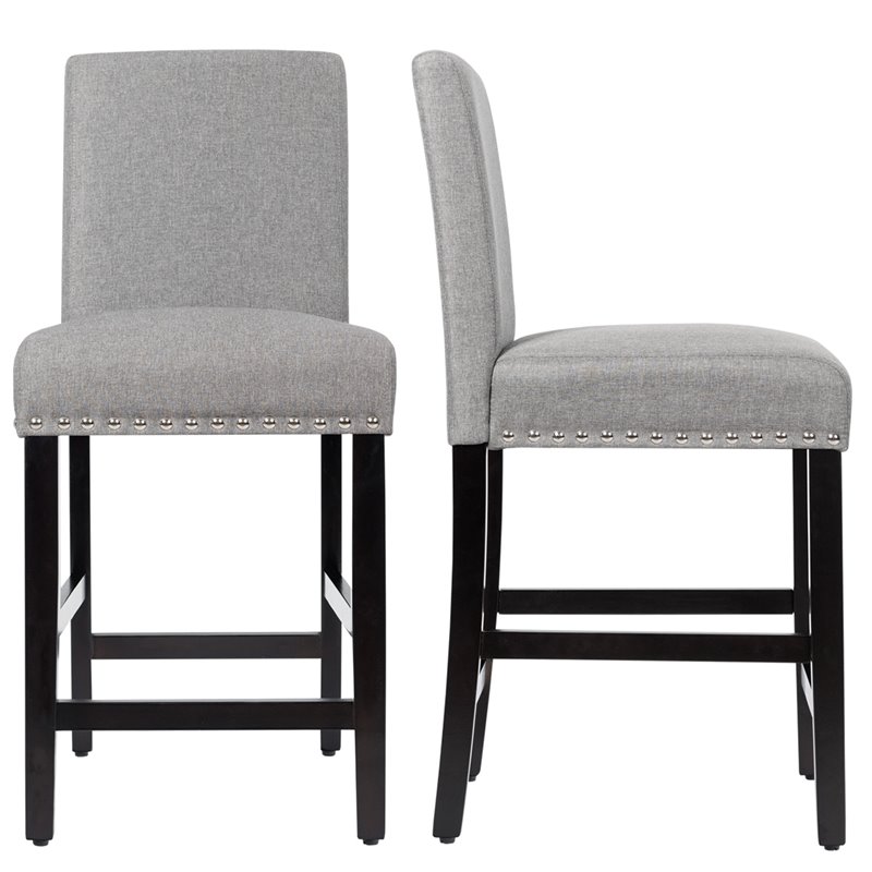 Costway 25'' Wood and Fabric Kitchen Breakfast Bar Stools in Gray (Set of 2)