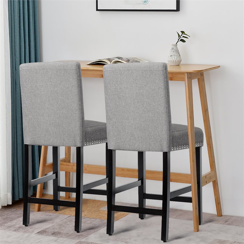 Costway 25'' Wood and Fabric Kitchen Breakfast Bar Stools in Gray (Set of 2)