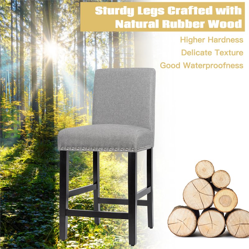 Costway 25'' Wood and Fabric Kitchen Breakfast Bar Stools in Gray (Set of 2)
