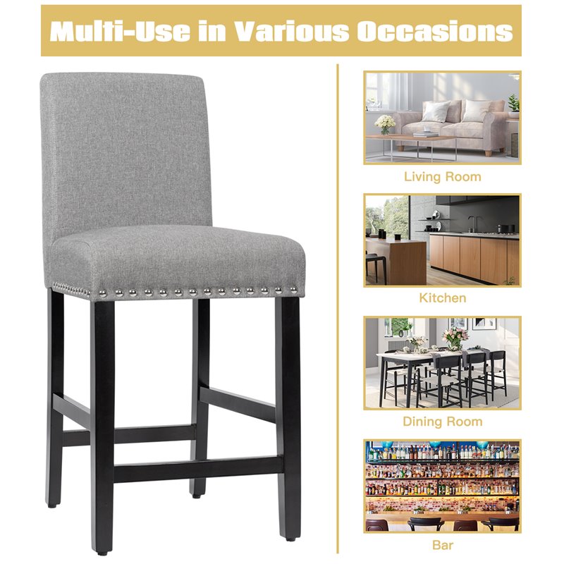 Costway 25'' Wood and Fabric Kitchen Breakfast Bar Stools in Gray (Set of 2)