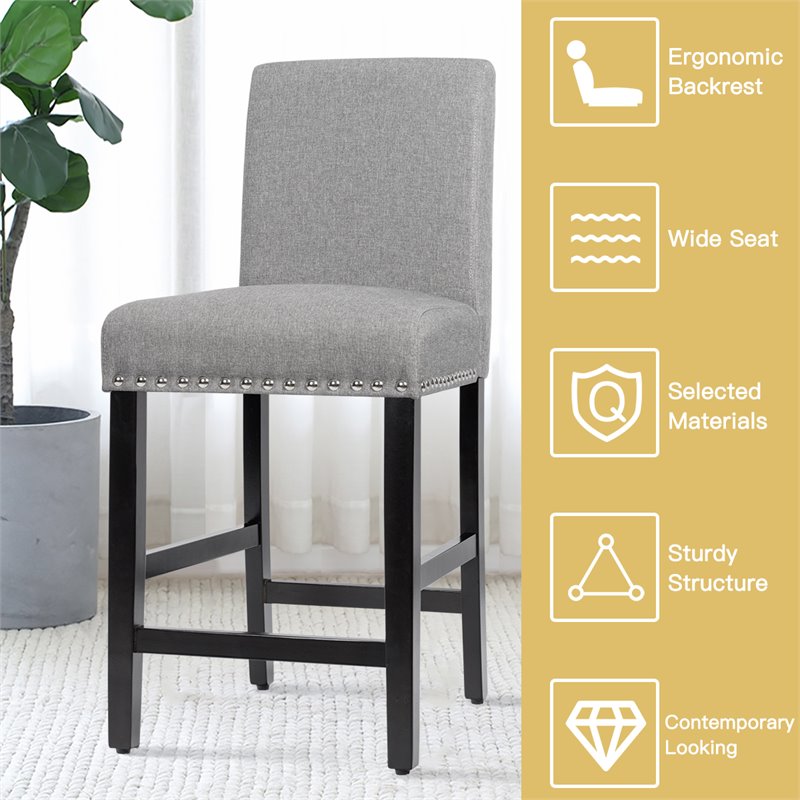 Costway 25'' Wood and Fabric Kitchen Breakfast Bar Stools in Gray (Set of 2)