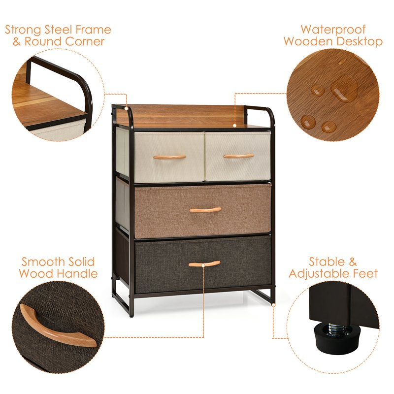 Costway 4-Drawer/3-Tier Fabric/Metal Dresser Storage Organizer Tower in Cream