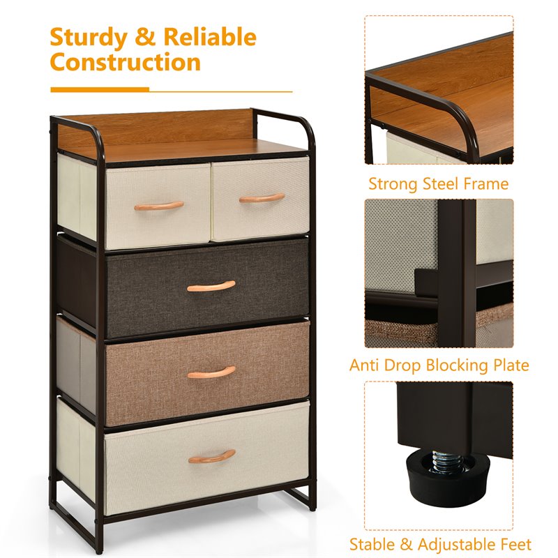 Costway 5-Drawer/4-Tier Dresser Storage Organizer Tower with Wood Top in Cream