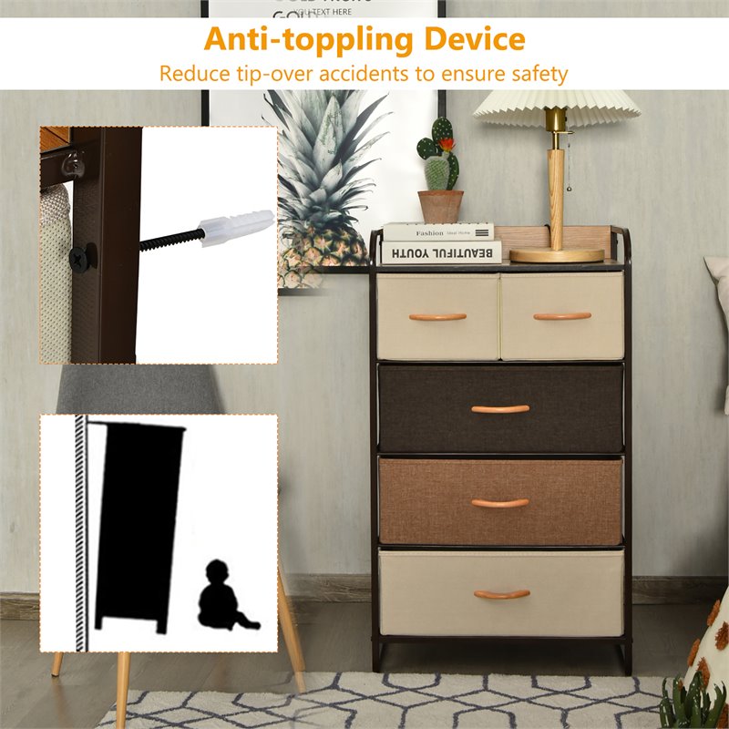 Costway 5-Drawer/4-Tier Dresser Storage Organizer Tower with Wood Top in Cream