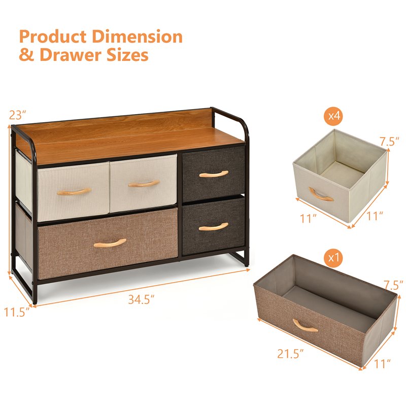 Costway 5-Drawer/2-Tier Dresser Storage Organizer Tower with Wood Top in Cream