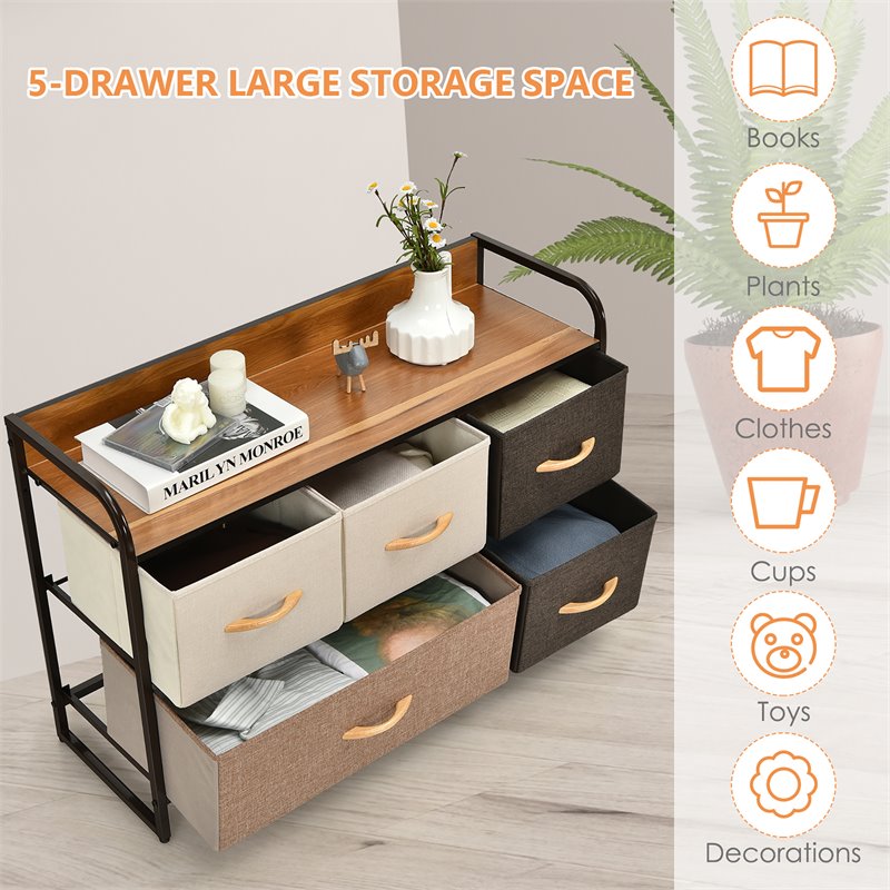 Costway 5-Drawer/2-Tier Dresser Storage Organizer Tower with Wood Top in Cream