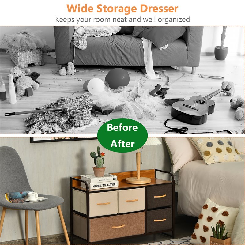Costway 5-Drawer/2-Tier Dresser Storage Organizer Tower with Wood Top in Cream